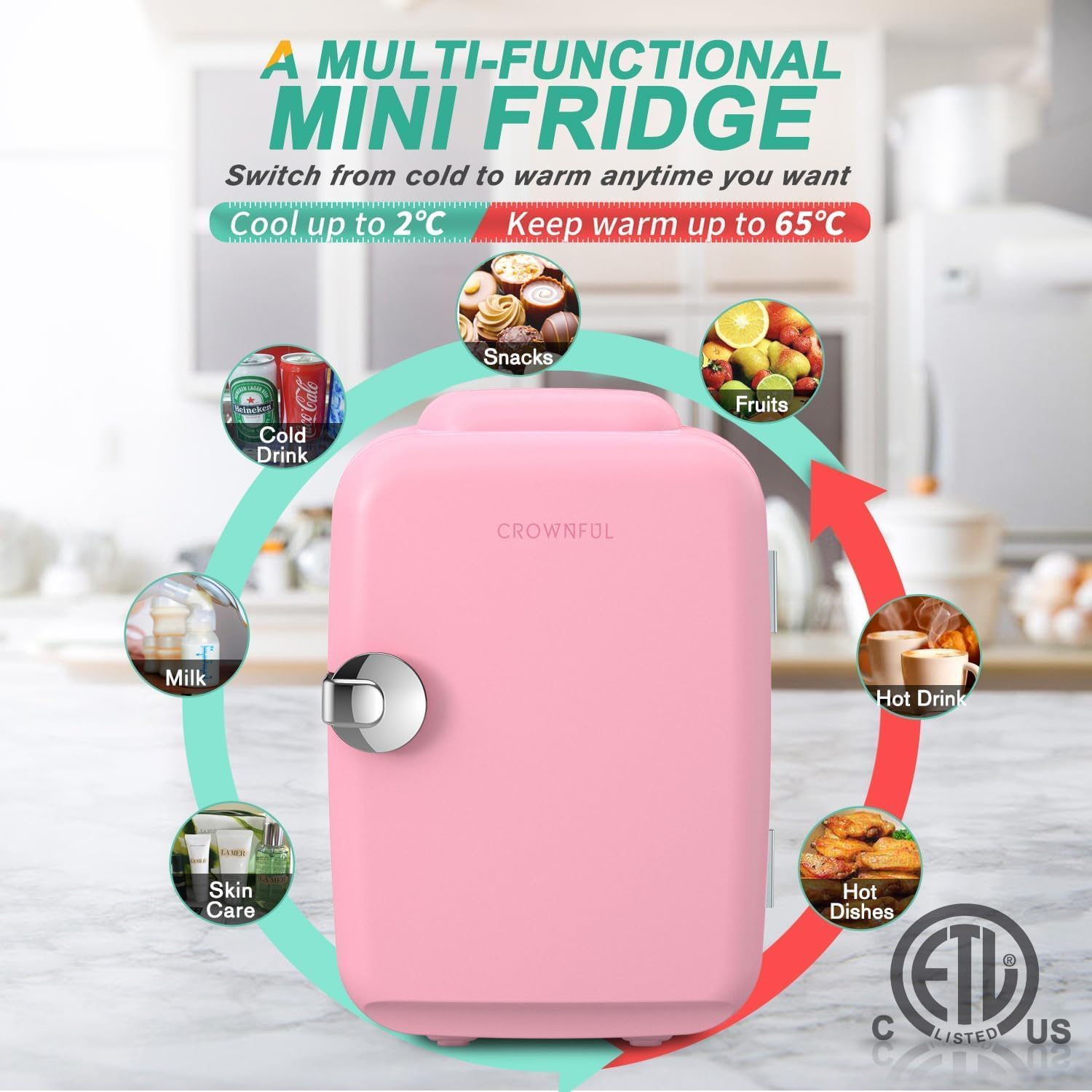 CROWNFUL Mini Fridge, 4 Liter 6 Can Portable Cooler and Warmer, Personal Fridge for Skin Care, Cosmetics, Food, Great for Bedroom, Office, Car, Dorm, ETL Listed (Matte Pink) [Energy Class A] - Image 3