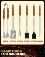 BBQ Tools Set, 7pcs Stainless Steel Grilling Accessories with Carrying Bag, Wood-Grain Durable BBQ Utensils for Outdoor Cooking, Camping, and Picnics, BBQ Accessories Kit for Men Women Gift - Image 4