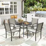 Outsunny 5 Piece Garden Furniture Set, Garden Dining Set with Round Table and 4 Stackable Chairs, Steel Frame, for Outdoor, Patio, Terraces, Dark Grey - Image 3