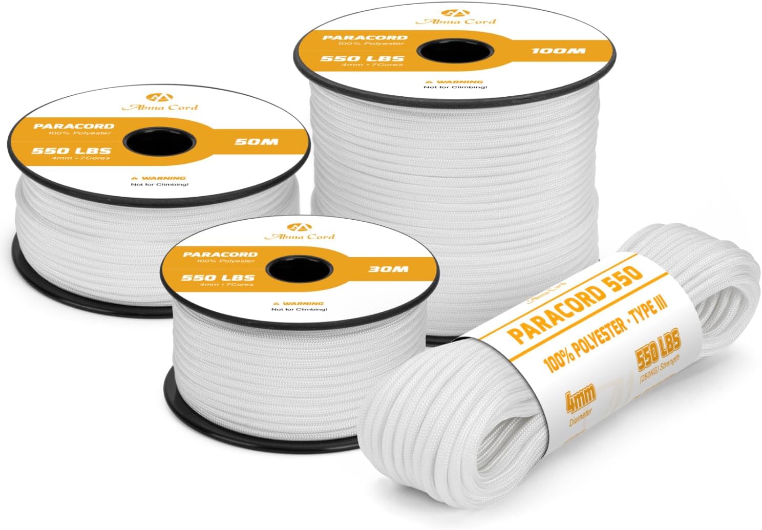 Abma Cord 550 Paracord 4mm 15m Rope 7 Strands Type III Parachute Cord for Crafting, Camping, Survival, Outdoor - Max. 250kg - White - Image 2