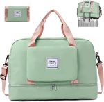 FIORETTO Foldable Weekend Bag Overnight Hospital Bag with Shoes Compartment & Wet Pocket, Water Resistant Gym Duffle Bag for Travel Holdall for Women Men Green&Pink - Image 2
