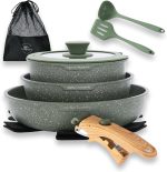 Kitchen Academy Non Stick Cookware Set, 10 Piece Granite-Coated Induction Pots and Pans Set with Detachable Handle, Stackable RV Cooking Set for Camping, Camp, Green - Image 2