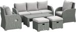 Outsunny 6 Piece Rattan Garden Furniture Set, 2 Reclining Garden Chairs, 3 Seater Sofa, Coffee Table, Footstools, Space-Saving Outdoor Patio Furniture Conversation Set with Cushions, Light Grey - Image 2