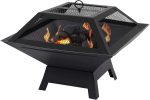 Parkland Square Fire Pit with BBQ Grill Heater Outdoor Garden Black Barbeque Metal Brazier Patio Decor Firepit Stove Portable Heat Mesh Cover for Camping or Picnics - Image 2