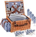 Picnic Basket for 4 Persons, Wicker Picnic Basket with Insulated Cooler Compartment, Waterproof Picnic Blanket & Cutlery Set, Wicker Picnic Hamper for Camping, Outdoor, Party, Beach, Blue - Image 2