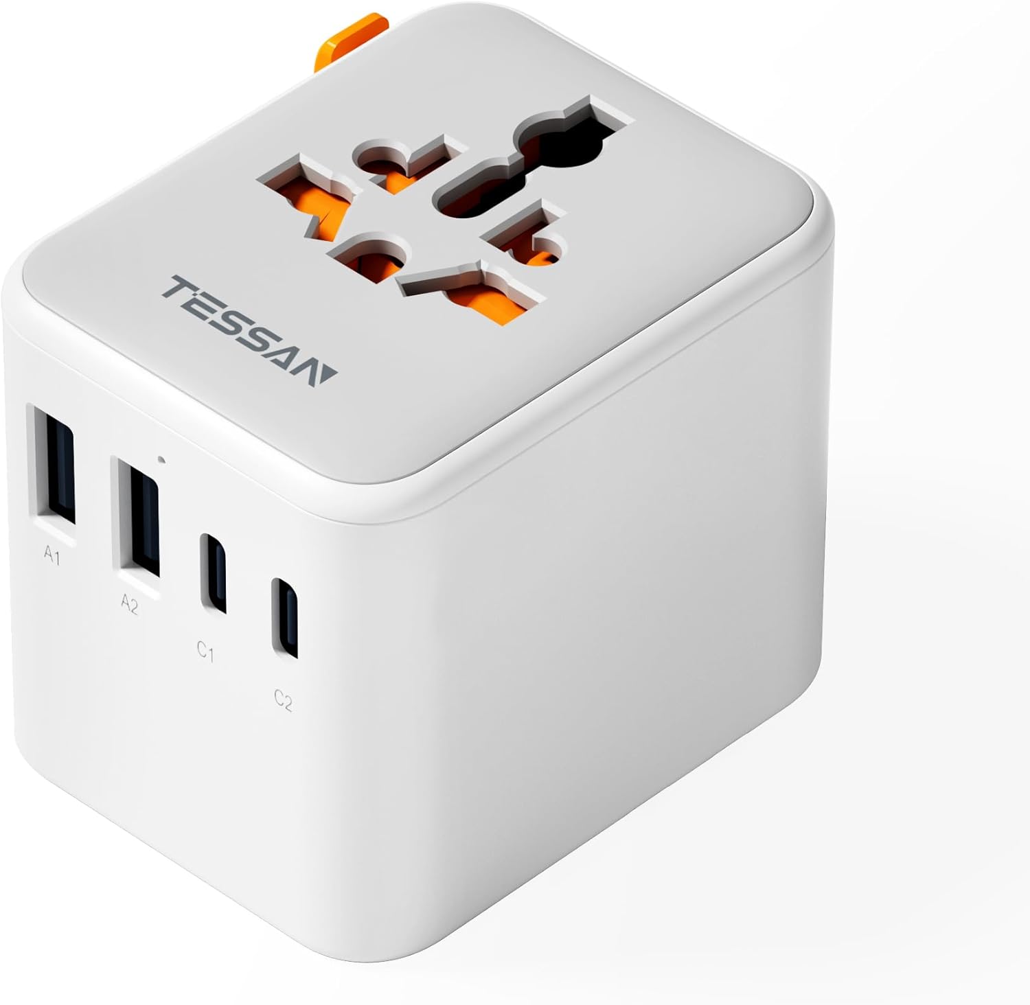 TESSAN Universal Travel Adapter, Travel Plug Adapter Worldwide with 1 Universal AC Outlet 4 USB Ports (2 USB C), International Plug Adaptor for UK to Europe USA Australia (Type C G A I) Grey White - Image 2