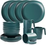 Unbreakable Plastic Dinnerware Sets, 16 pcs Lightweight Camping Tableware Set, Microwave & Dishwasher Safe Plates Set, Bowls, Cups Mugs, Service for 4, Great for Kids & Adults - Green - Image 2