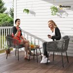Outsunny 3 Piece Rattan Bistro Set, Patio Wicker Conversation Furniture Set with 2 Chairs, Tempered Glass Table, Cushions, Adjustable Foot Pads, for Garden, Balcony, Grey - Image 3
