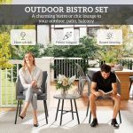 Outsunny 3 Piece Rattan Bistro Set, Patio Wicker Conversation Furniture Set with 2 Chairs, Tempered Glass Table, Cushions, Adjustable Foot Pads, for Garden, Balcony, Grey - Image 4