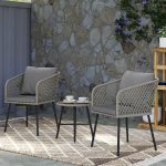 Outsunny 3 Piece Rattan Bistro Set, Patio Wicker Conversation Furniture Set with 2 Chairs, Tempered Glass Table, Cushions, Adjustable Foot Pads, for Garden, Balcony, Grey - Image 5
