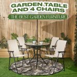 OHS 6 Piece Garden Furniture, Patio Set with Parasol Oudoor 4 Folding Dining Chairs & Round Tempered Glass Table Garden Bistro Set Ideal for Dining in the Sun, Cream - Image 3