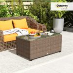 Outsunny Outdoor Coffee Table, PE Rattan Side Table with Tempered Glass Top, Wicker Rectangular Garden Coffee Table End Table with Steel Frame for Patio, Balcony, 90 x 50 x 38cm, Brown - Image 3