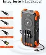 Solar Power Bank, 26800 mAh Portable Charger with 4 Built-in Cables, IPX7 Waterproof, Drop-Proof, Includes Wireless Charging & LED Flashlight for Smartphones, Tablets, and Outdoor Camping - Image 4