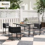 Outsunny 4 Seater Rattan Cube Garden Furniture Set with Cushions, Square Garden Dining Set with Stone Composite Board Top Table, Wicker Outdoor Table and Chairs, Charcoal Grey - Image 3