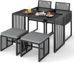 5/9 PCS Patio Dining Set, Rattan Outdoor Furniture Set with Removable Cushions & Glass Table, Chairs & Ottomans, Garden Table and Chairs for Balcony Porch Poolside (5 PCS) - Image 2