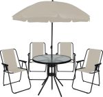 OHS 6 Piece Garden Furniture, Patio Set with Parasol Oudoor 4 Folding Dining Chairs & Round Tempered Glass Table Garden Bistro Set Ideal for Dining in the Sun, Cream - Image 2