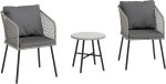 Outsunny 3 Piece Rattan Bistro Set, Patio Wicker Conversation Furniture Set with 2 Chairs, Tempered Glass Table, Cushions, Adjustable Foot Pads, for Garden, Balcony, Grey - Image 2