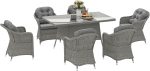 Outsunny 6 Seater Rattan Dining Set with Seat and Back Cushions, PE Rattan Garden Furniture Set, Outdoor Dining Table and Chairs, Rectangular Glass Top Table with Umbrella Hole, Light Grey - Image 2