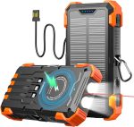 Solar Power Bank, 26800 mAh Portable Charger with 4 Built-in Cables, IPX7 Waterproof, Drop-Proof, Includes Wireless Charging & LED Flashlight for Smartphones, Tablets, and Outdoor Camping - Image 2