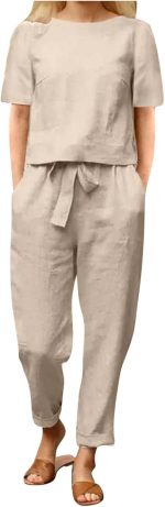 Two Piece Outfits Women Summer Tracksuits Linen Lounge Wear Sets Ladies Co Ords Round Neck Short Sleeve Tops and Trousers 2 Piece Jogger Outfit Casual Suit Vacation Travel Outfits Holiday Clothes - Image 2