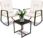 YIYAN 3 Pieces Patio Bistro Set Outdoor Rattan Wicker Rocking Chairs Set,Patio Outdoor Furniture Conversation Sets with Sofa Chairs,Glass Coffee Table and Washable Cushion (Light Beige) - Image 2